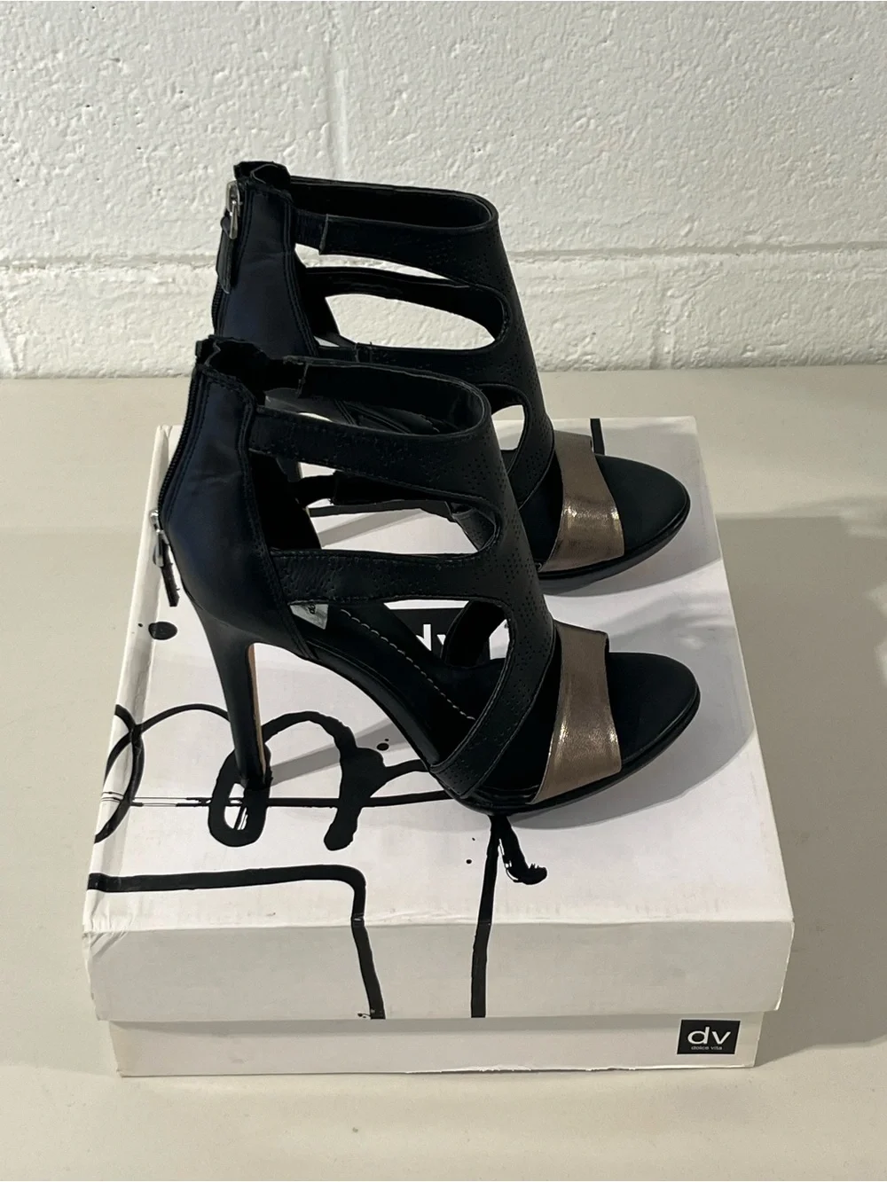 Dolce Vita Black and Metallic Bronze Strappy High Heel Sandals